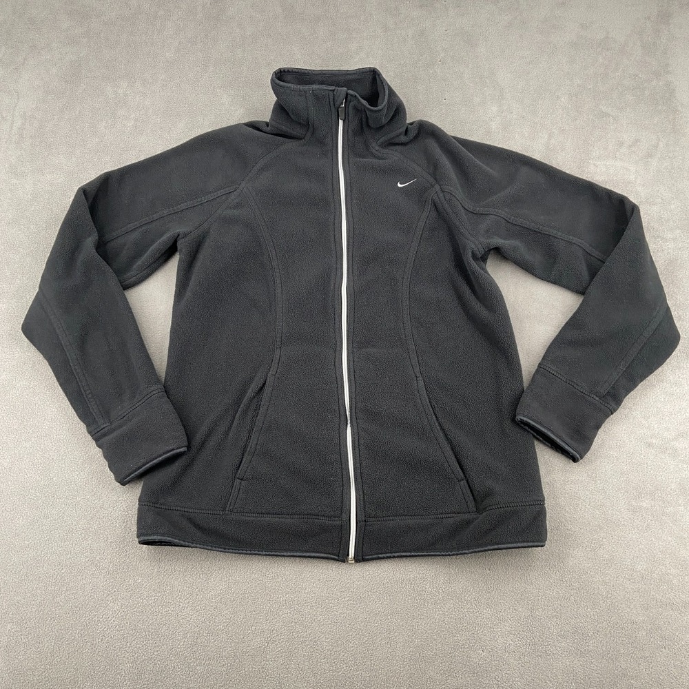 Y2K Nike Fleece Jacket Sz L Black Therma Fit Swoosh Logo Athleisure Full Zip
